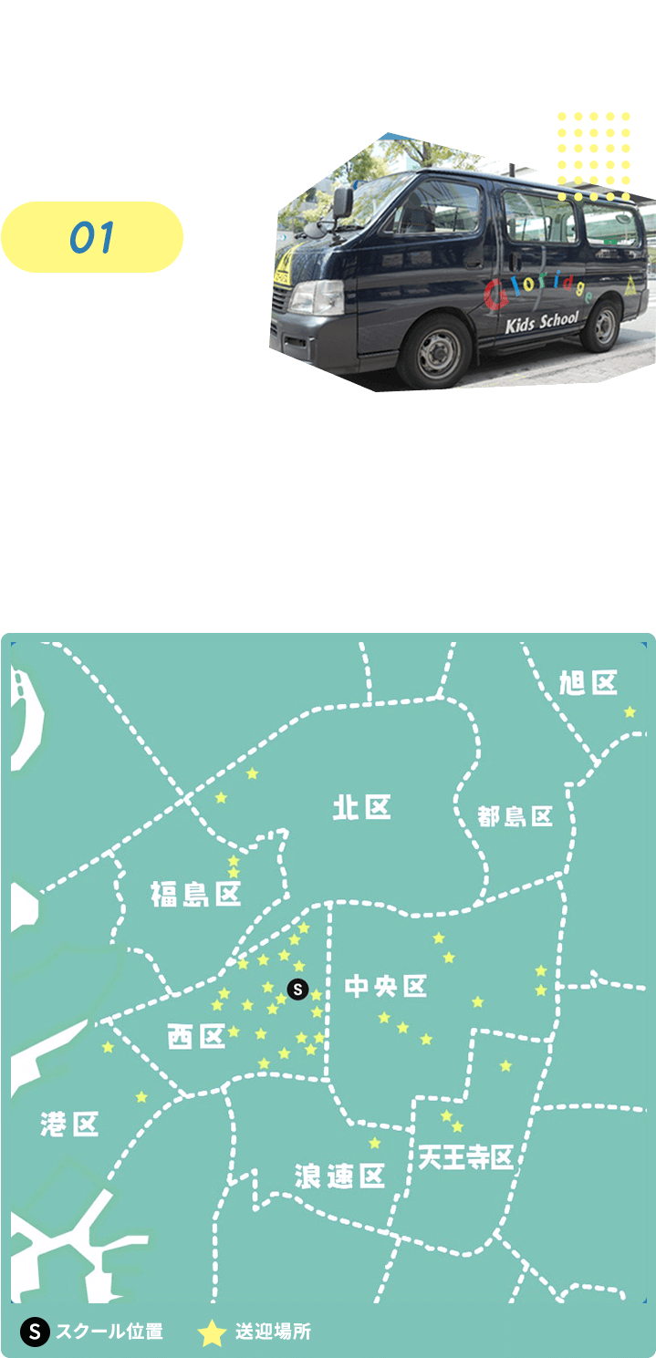 サービスの紹介 01送迎サービス 送迎は専用バスで、西区や中央区の一部、北区の一部に回っています。おおむね片道10～15分が送迎範囲です。